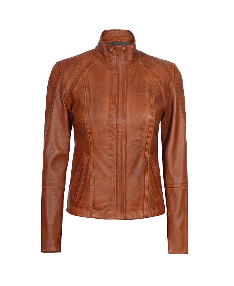 Acerra Women Cognac Brown Cafe Racer Genuine Leather Jacket OuterMode