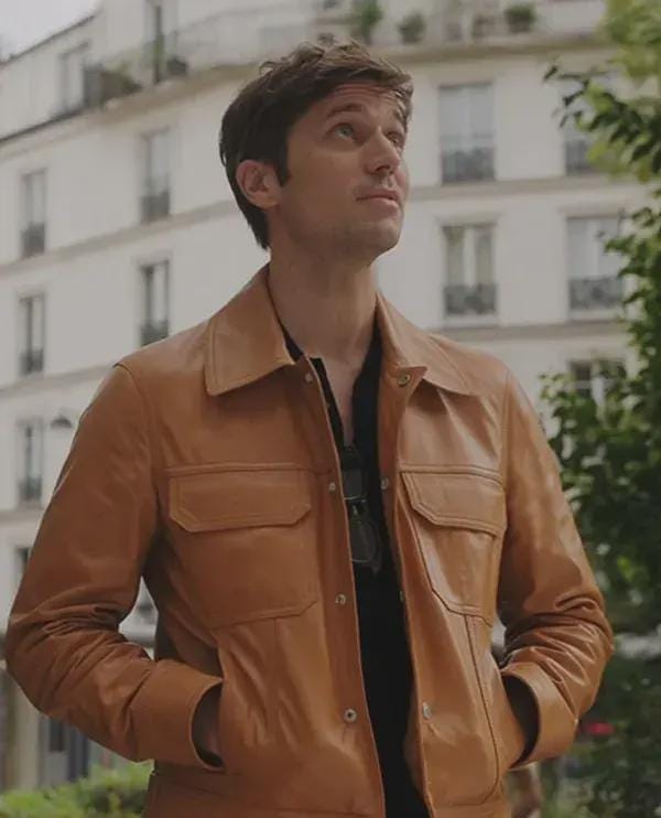 Emily in Paris Lucas Bravo Brown Leather Jacket OuterMode