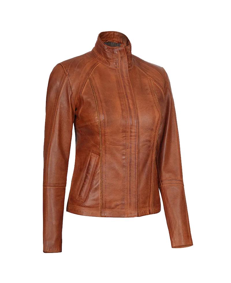 Acerra Women Cognac Brown Cafe Racer Genuine Leather Jacket OuterMode