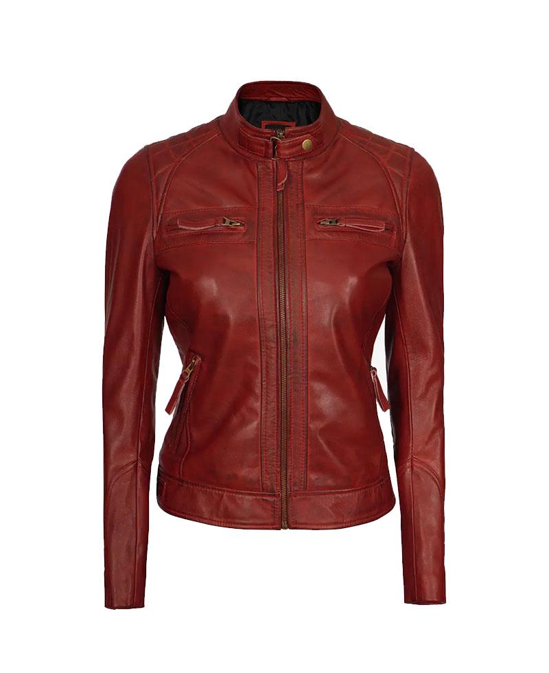 Women's Maroon Lambskin Leather Biker Jacket OuterMode