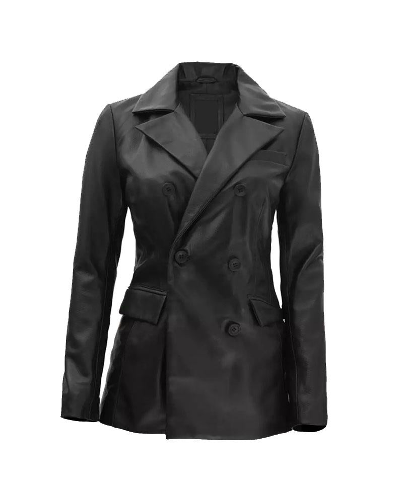 Women's Double Breasted Blazer Leather Jacket OuterMode