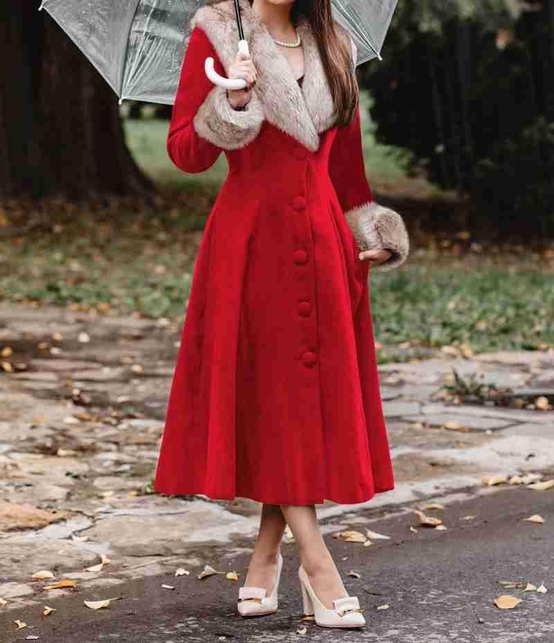 Vintage 1950s Faux Fur Collar & Cuffs Red Wool Coat OuterMode