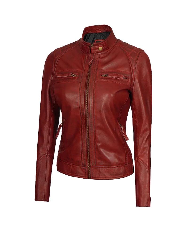Women's Maroon Lambskin Leather Biker Jacket OuterMode