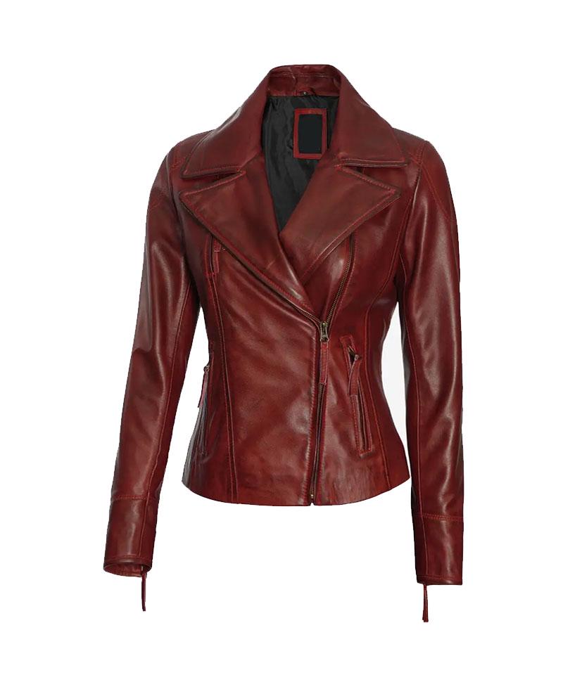 Maroon Asymmetrical Motorcycle Leather Jacket OuterMode