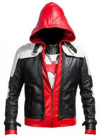 Batman Arkham Knight Red Leather Jacket featuring a stylish hood and vibrant red and black color design.