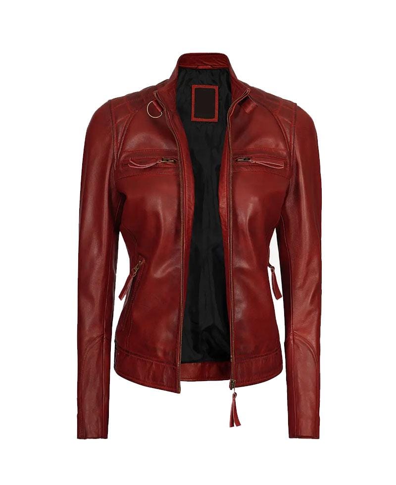 Women's Maroon Lambskin Leather Biker Jacket OuterMode