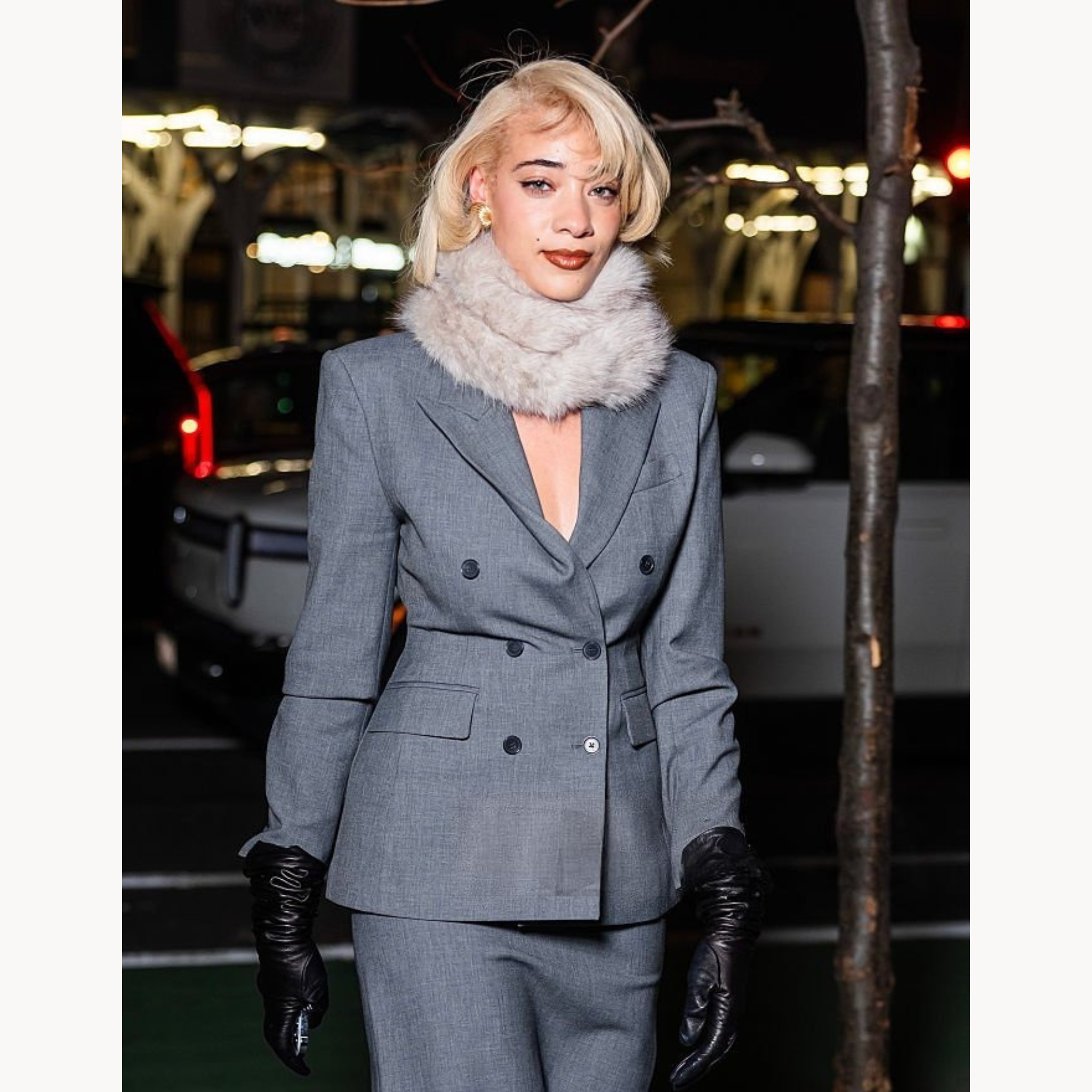 Celebrity-inspired Reign Judge grey blazer from Aritzia Flatiron Store Opening NYC 2025
