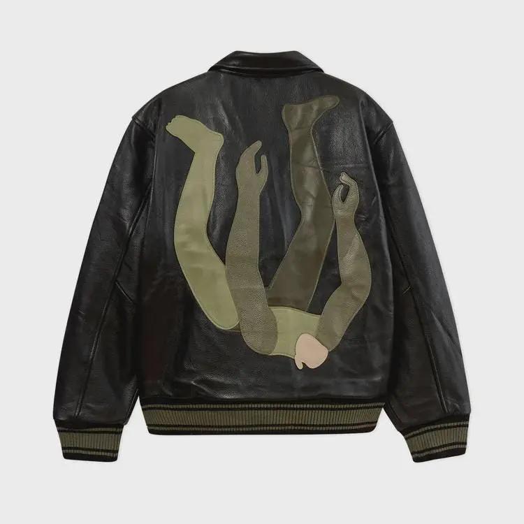 Modern Art Falling Guy Green Appliqué Soft Leather Bomber Jacket – Black Edition