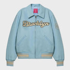 Bero X KidSuper Brooklyn Light Blue Leather Varsity Jacket with Chenille Embroidery