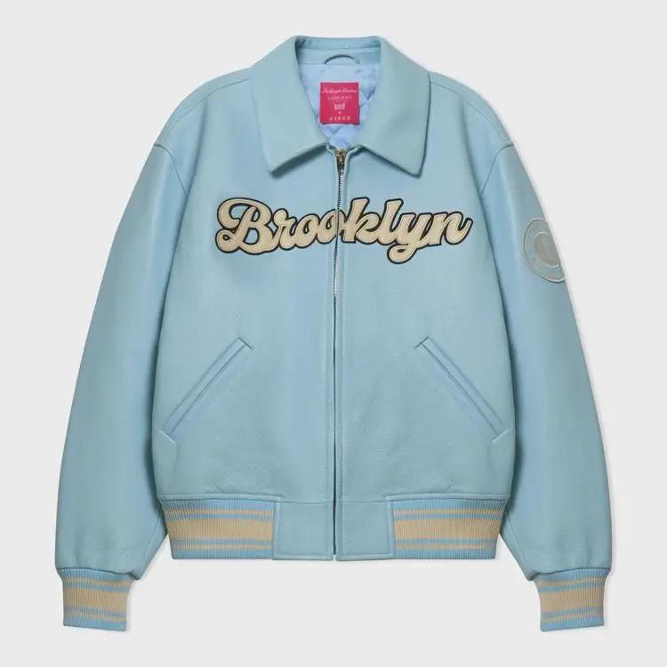 Bero X KidSuper Brooklyn Light Blue Leather Varsity Jacket with Chenille Embroidery