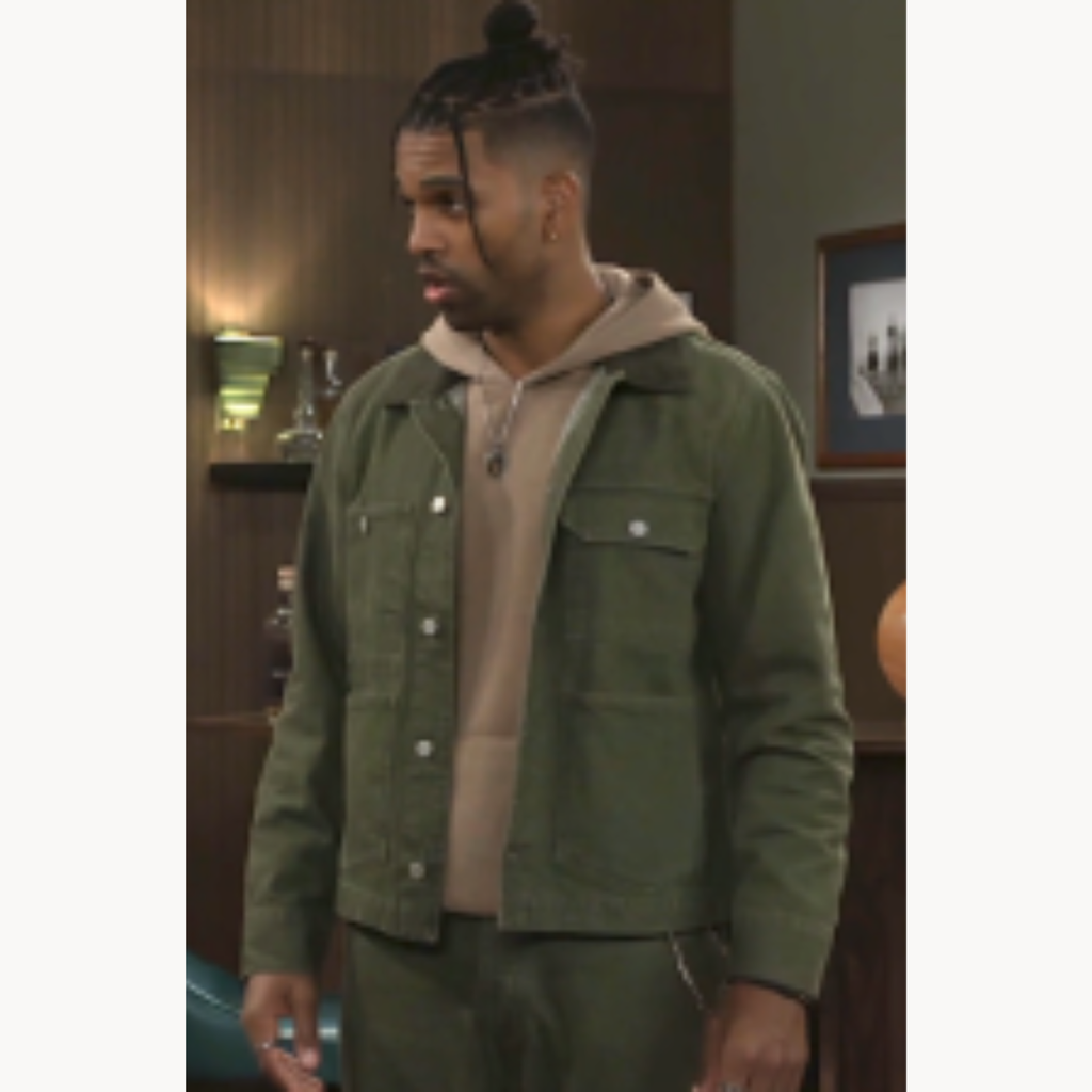 Izaiah Hawthorne wearing green denim jacket in Beyond the Gates November 2025