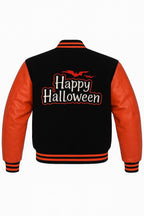 Unisex Halloween bomber jacket in black and orange letterman style