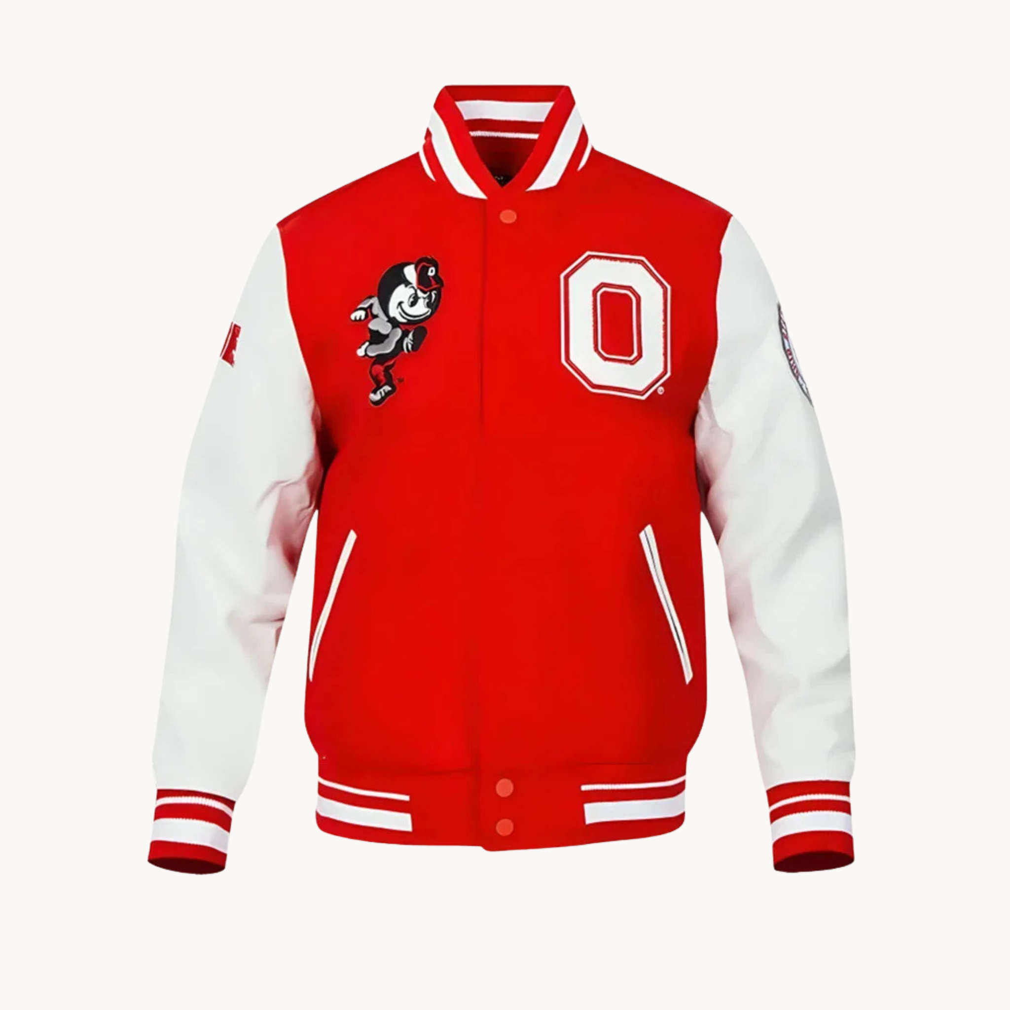 Red and white varsity letterman jacket from Bryce Harper OSU inspired look