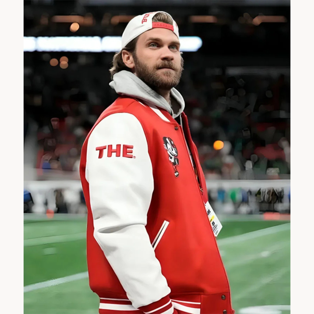 Bryce Harper wearing red and white varsity letterman jacket with Block O and Brutus Buckeye patches