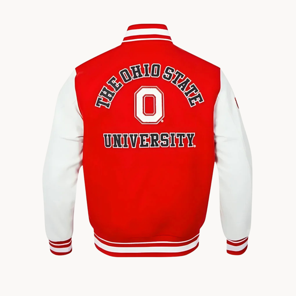 Men’s red and white varsity letterman jacket with Ohio State University patches
