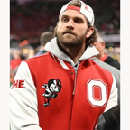 Ohio State University varsity jacket with Brutus Buckeye and Block O patches inspired by Bryce Harper