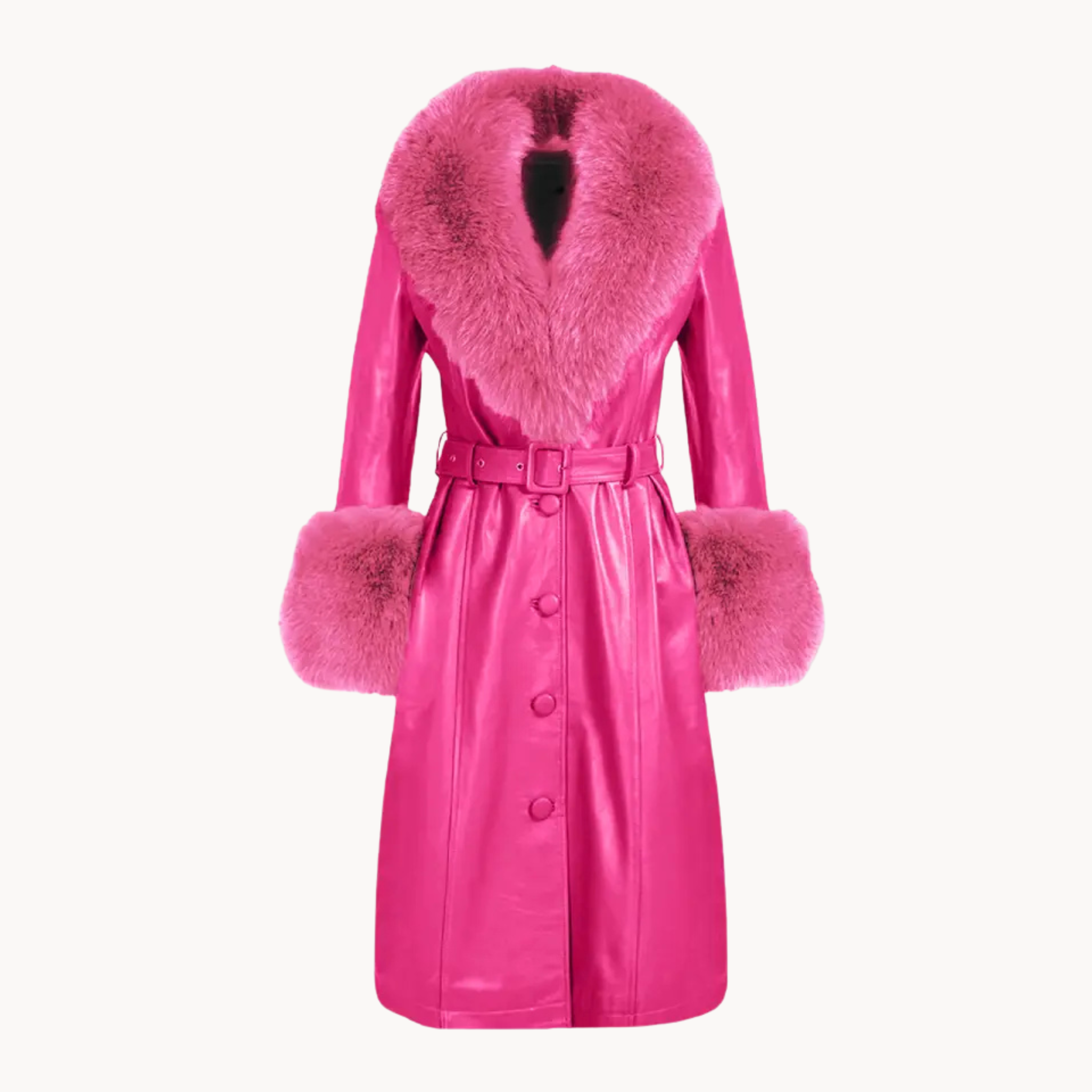 Women’s hot pink leather coat with oversized lapel and belt inspired by Carrie Preston