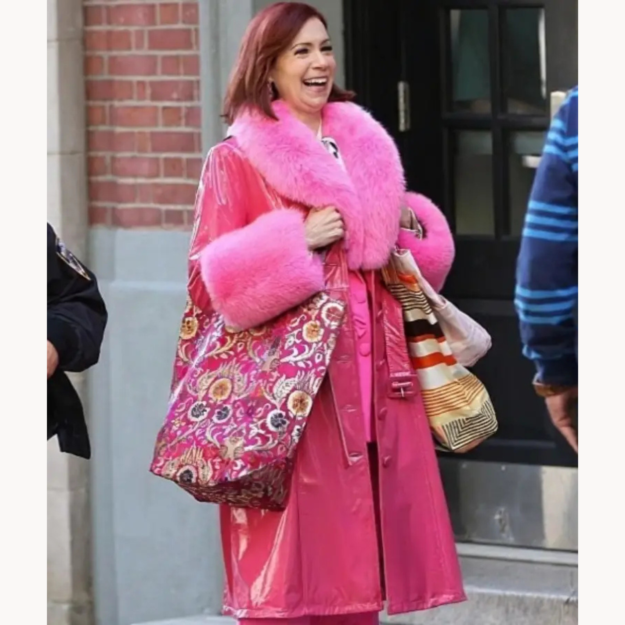 Celebrity-style Carrie Preston hot pink faux fur trimmed leather coat from Elsbeth Season 3
