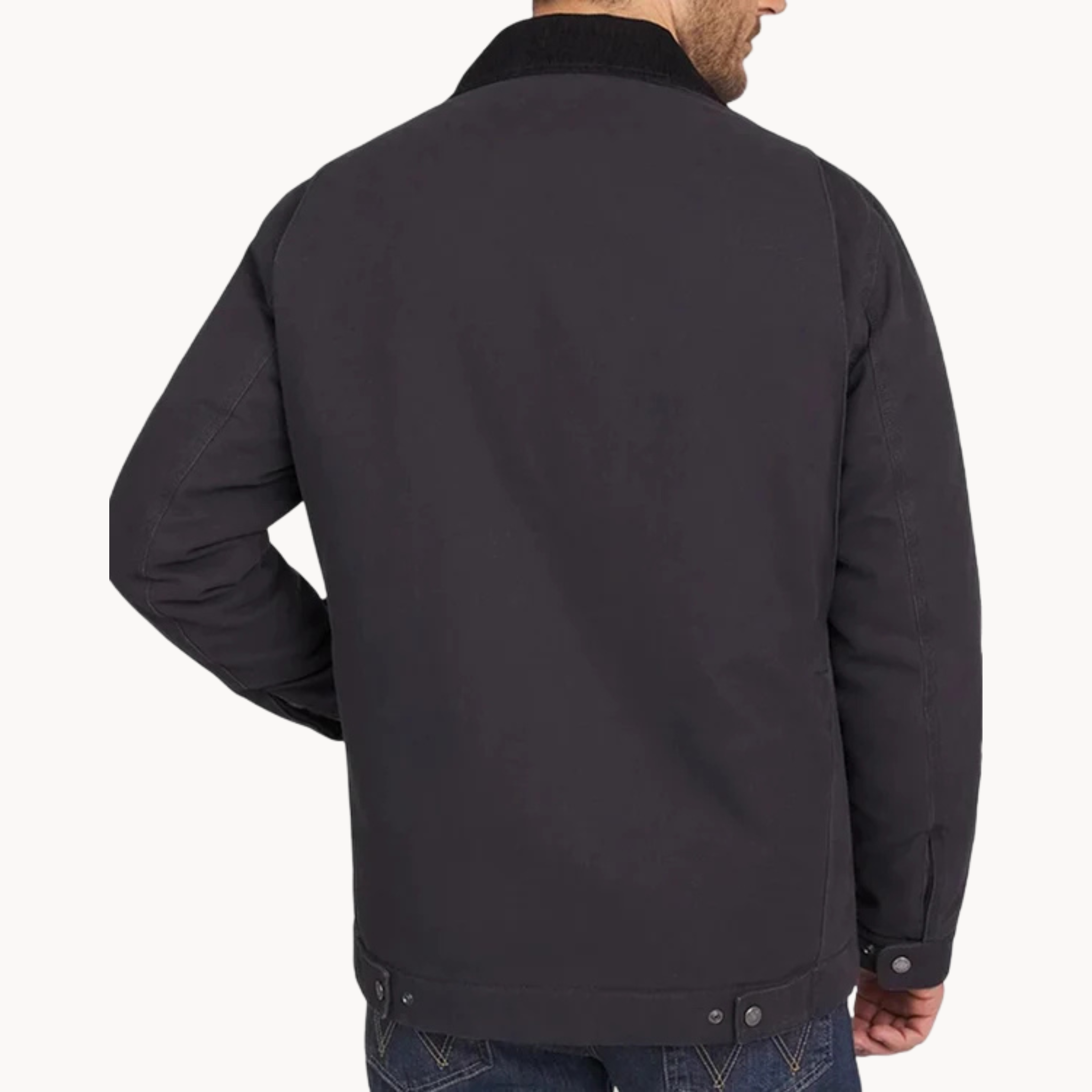 Black Wrangler zip-front workwear jacket with corduroy trim