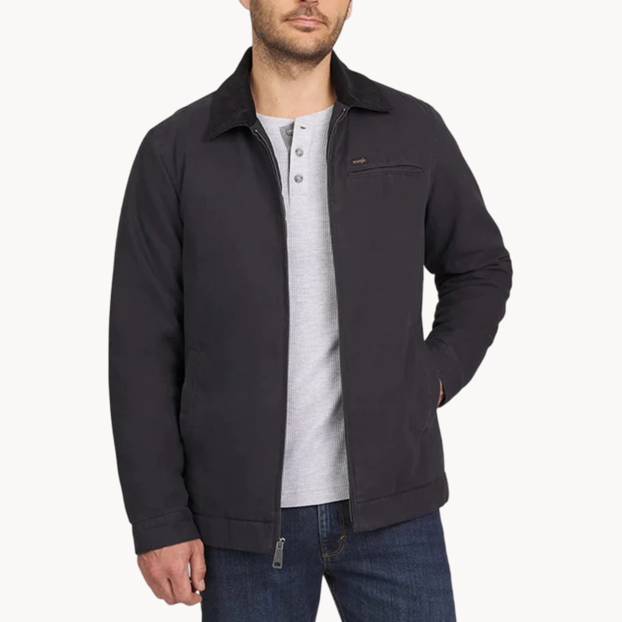 Men’s cotton canvas work jacket with corduroy collar and front zip by Wrangler