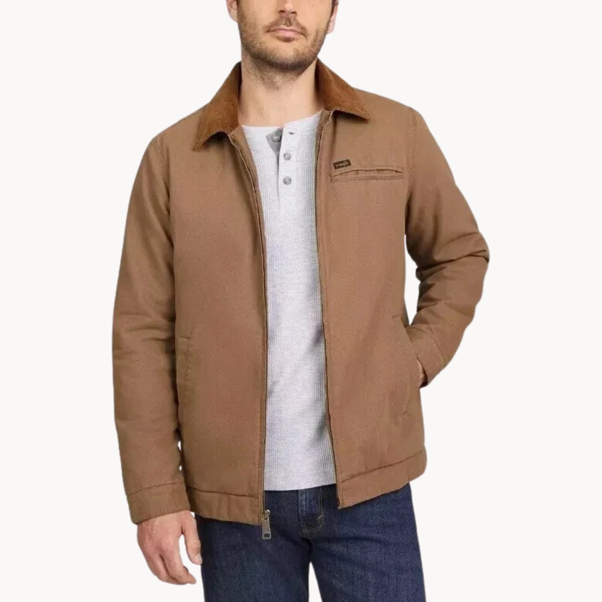 Wrangler brown cotton canvas workwear jacket with zip front and corduroy collar