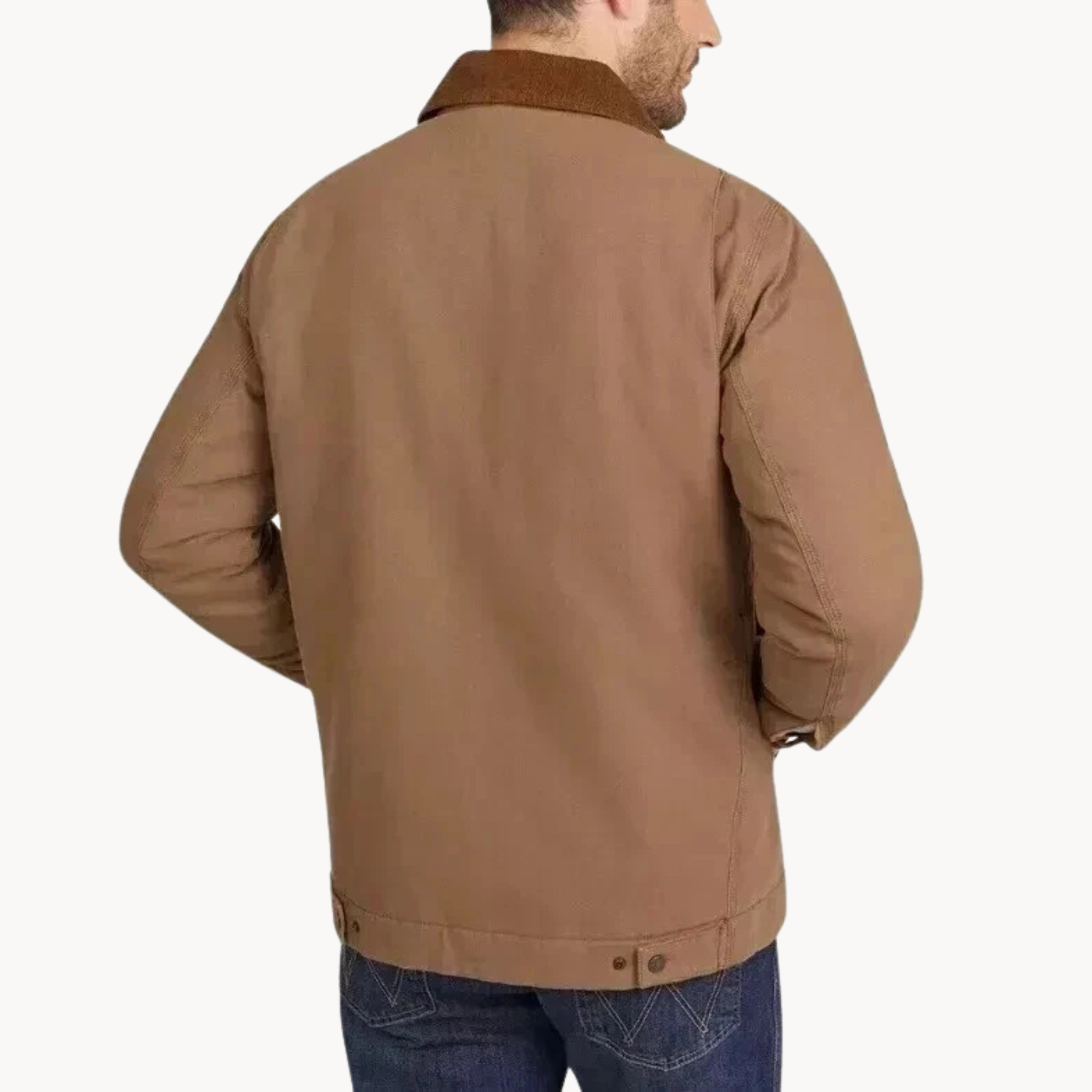 Costco Wrangler work jacket in brown featuring corduroy collar and zip closure