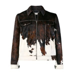 Handmade Cowhide Dark Brown and White Cow Skin Biker Leather Jacket with Zipper Closure
