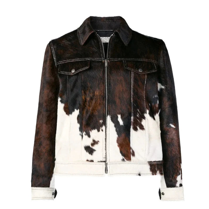 Handmade Cowhide Dark Brown and White Cow Skin Biker Leather Jacket with Zipper Closure