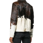 Genuine Cowhide Leather Biker Jacket in Dark Brown and White Cow Pattern