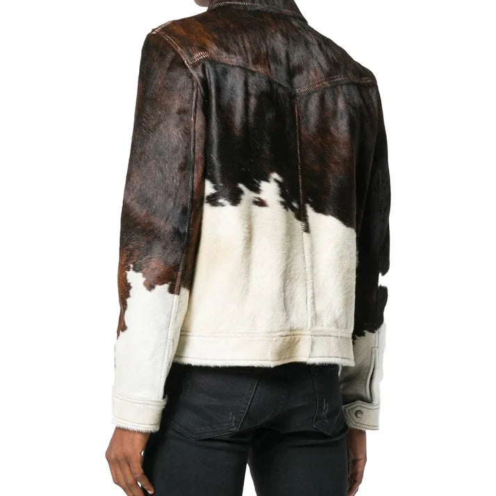 Genuine Cowhide Leather Biker Jacket in Dark Brown and White Cow Pattern