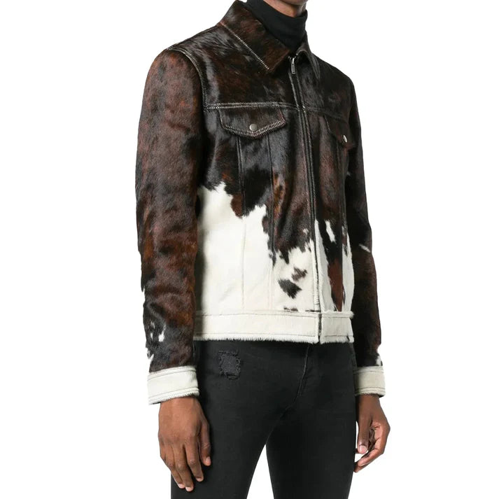 Luxury Dark Brown and White Cowhide Biker Jacket with Front Zipper Detailing