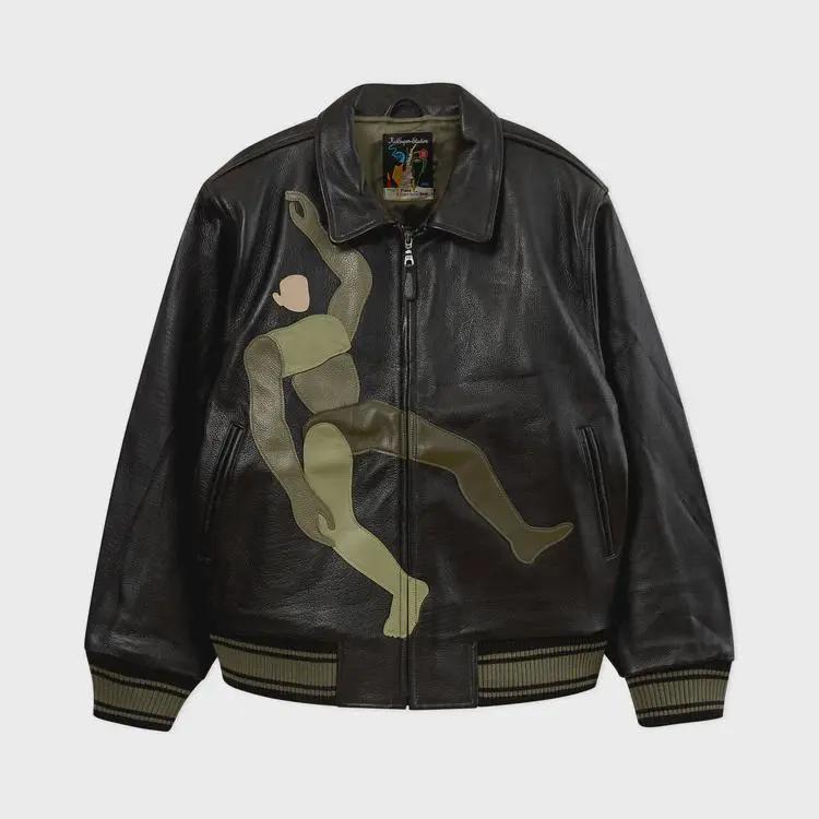 Art-Inspired Falling Guy Abstract Green Appliqué Designer Soft Bomber Leather Jacket in Black