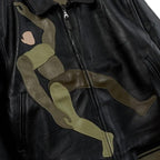 Luxury Designer Black Leather Bomber Jacket Featuring Art-Inspired Falling Guy Motif