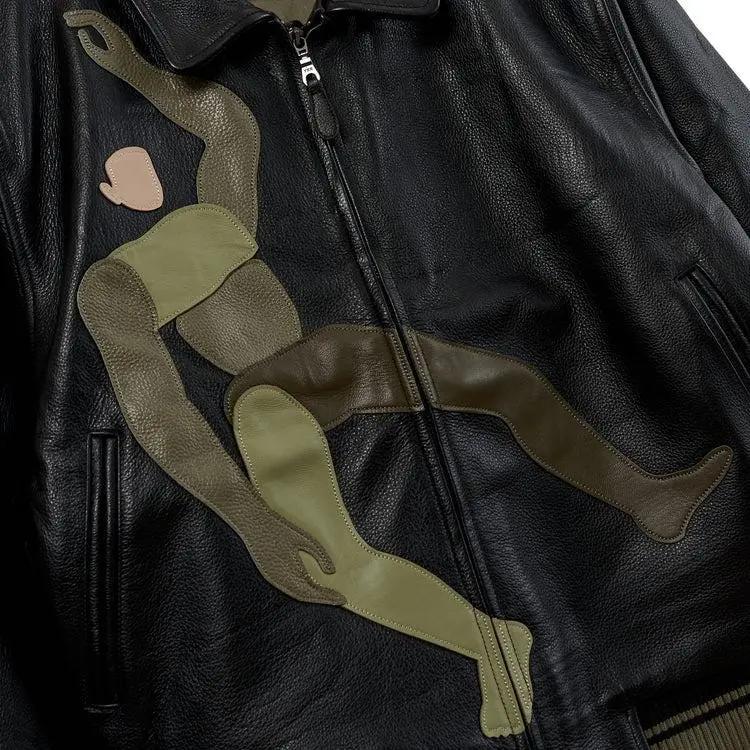 Luxury Designer Black Leather Bomber Jacket Featuring Art-Inspired Falling Guy Motif