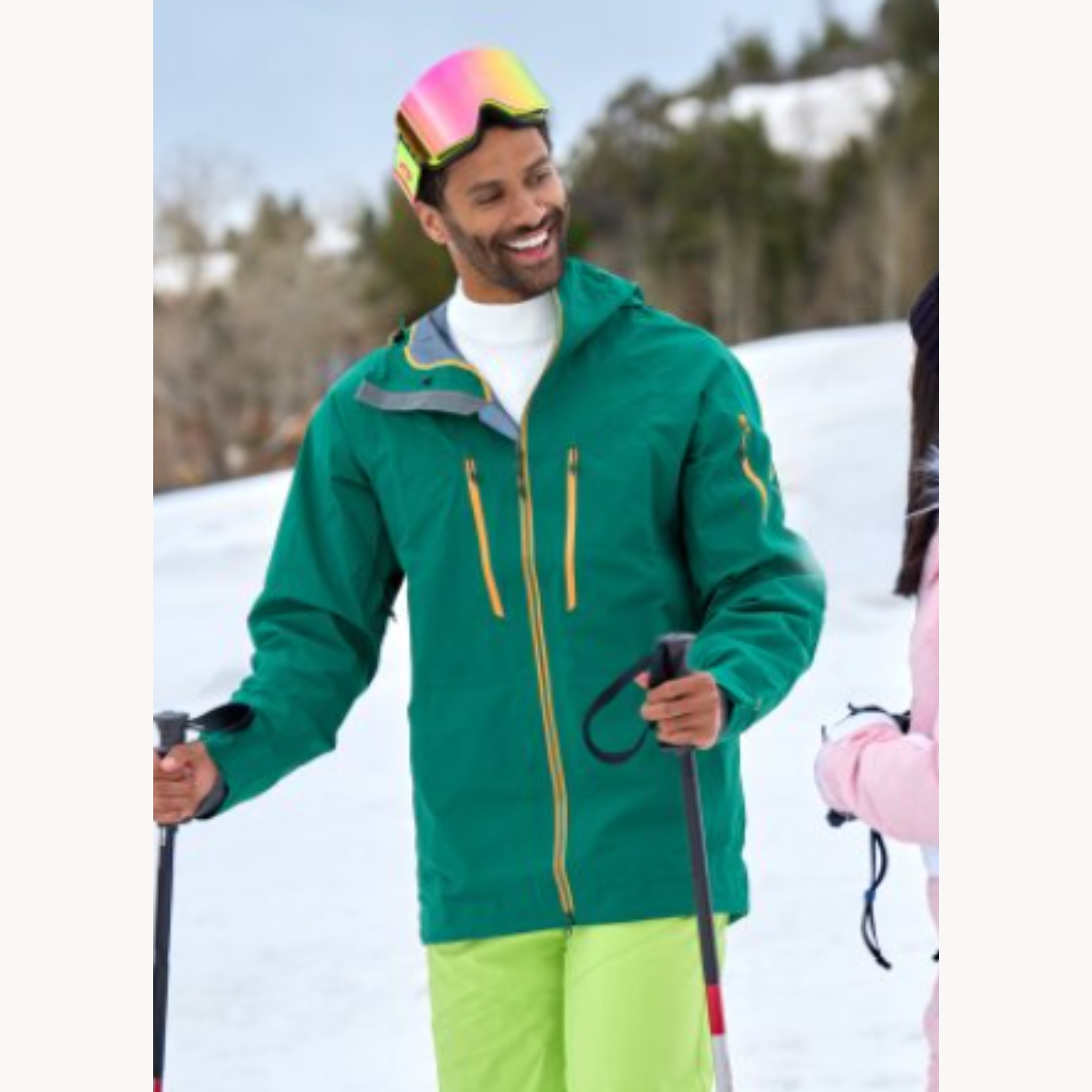 Green ski hooded jacket with yellow zips worn in Finding Mr. Christmas Season 2 Episode 1