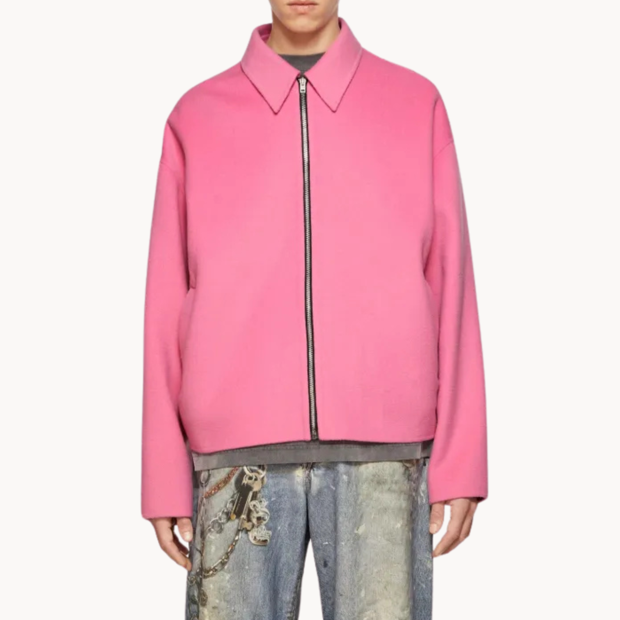 Pink wool zipper jacket inspired by Jordan Firstman from Charlie TV Series