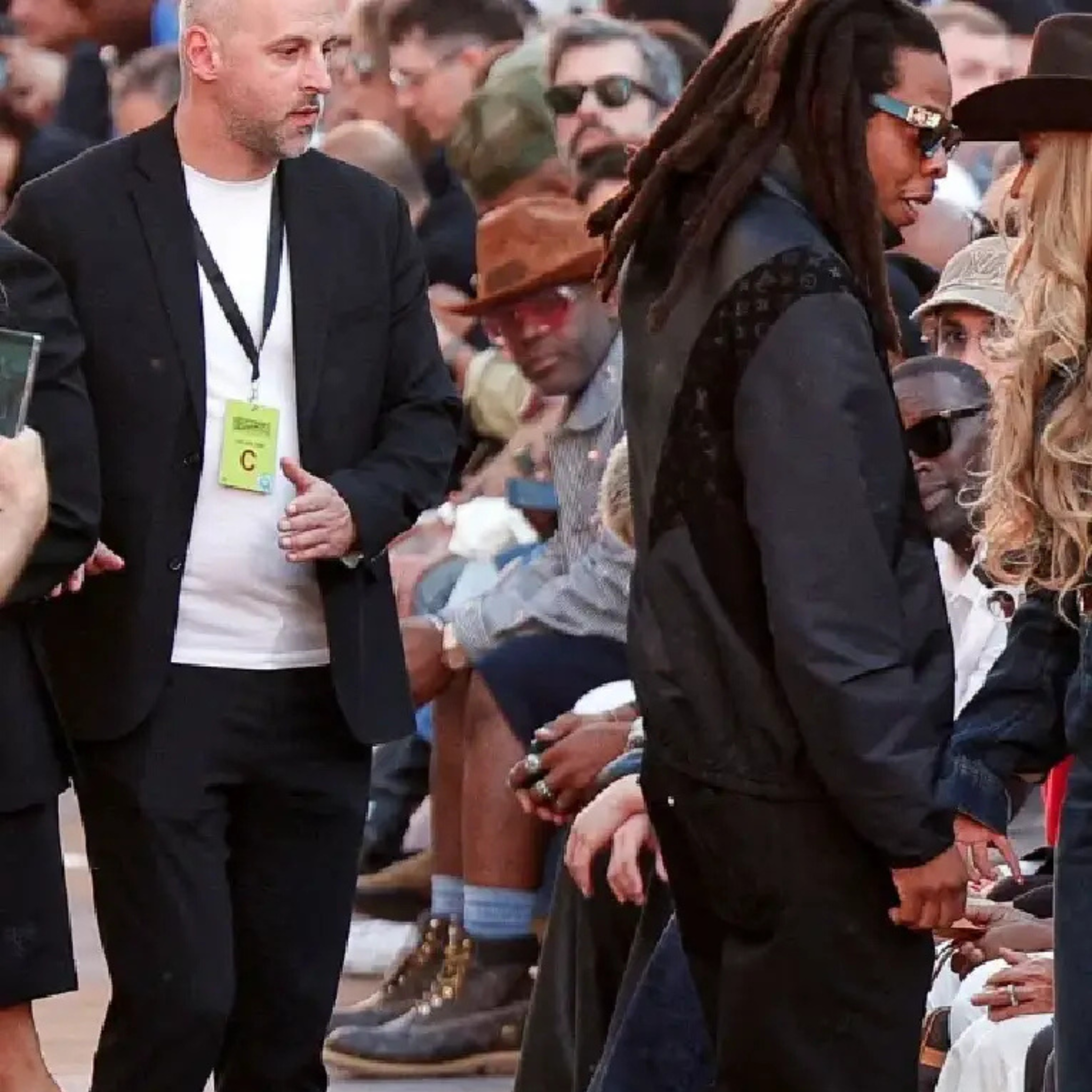 Black LV monogram panel bomber jacket inspired by Jay-Z Paris Fashion Week 2025