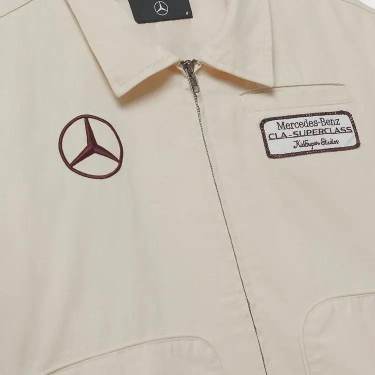 Luxury Cream KidSuper X Mercedes Benz Jacket with Burgundy Stitch Detailing