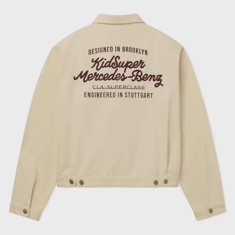 KidSuper X Mercedes Benz Collaboration Work Jacket in Cream with Embroidered Logos