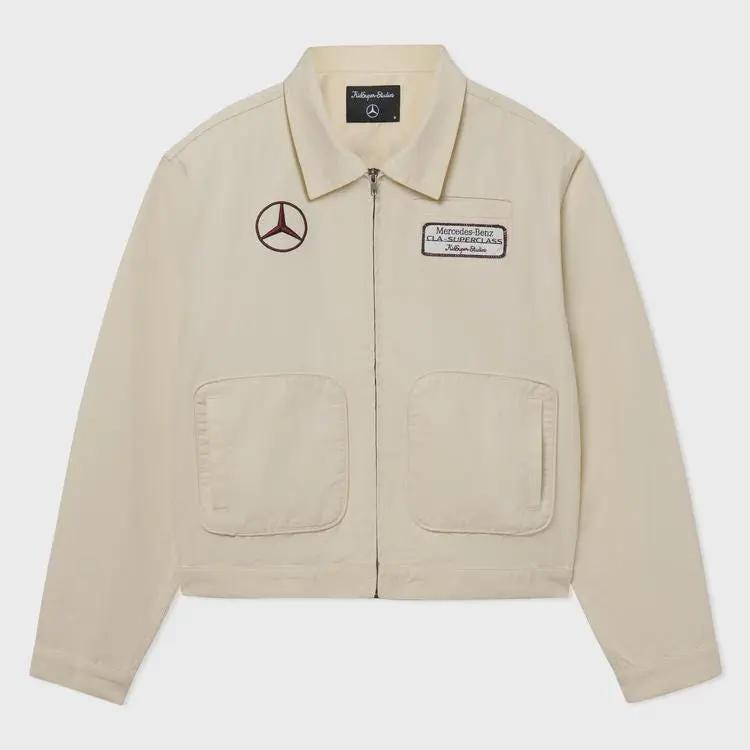 KidSuper X Mercedes Benz Cream Work Jacket featuring Brooklyn and Stuttgart Text Embroidery