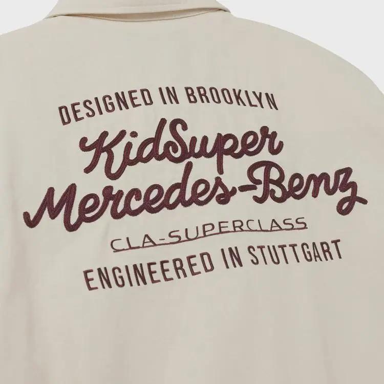 KidSuper X Mercedes Benz Work Jacket Cream with Burgundy Logo Embroidery on Back
