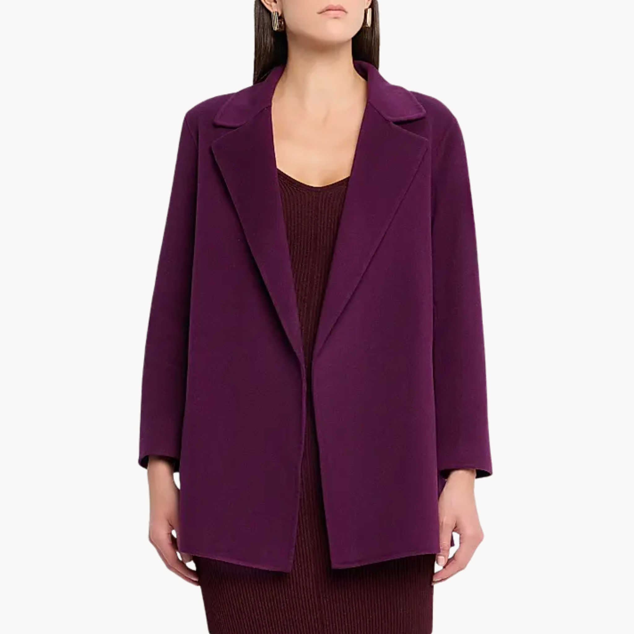 Burgundy coat inspired by Barb Trosper from The Chair Company TV show