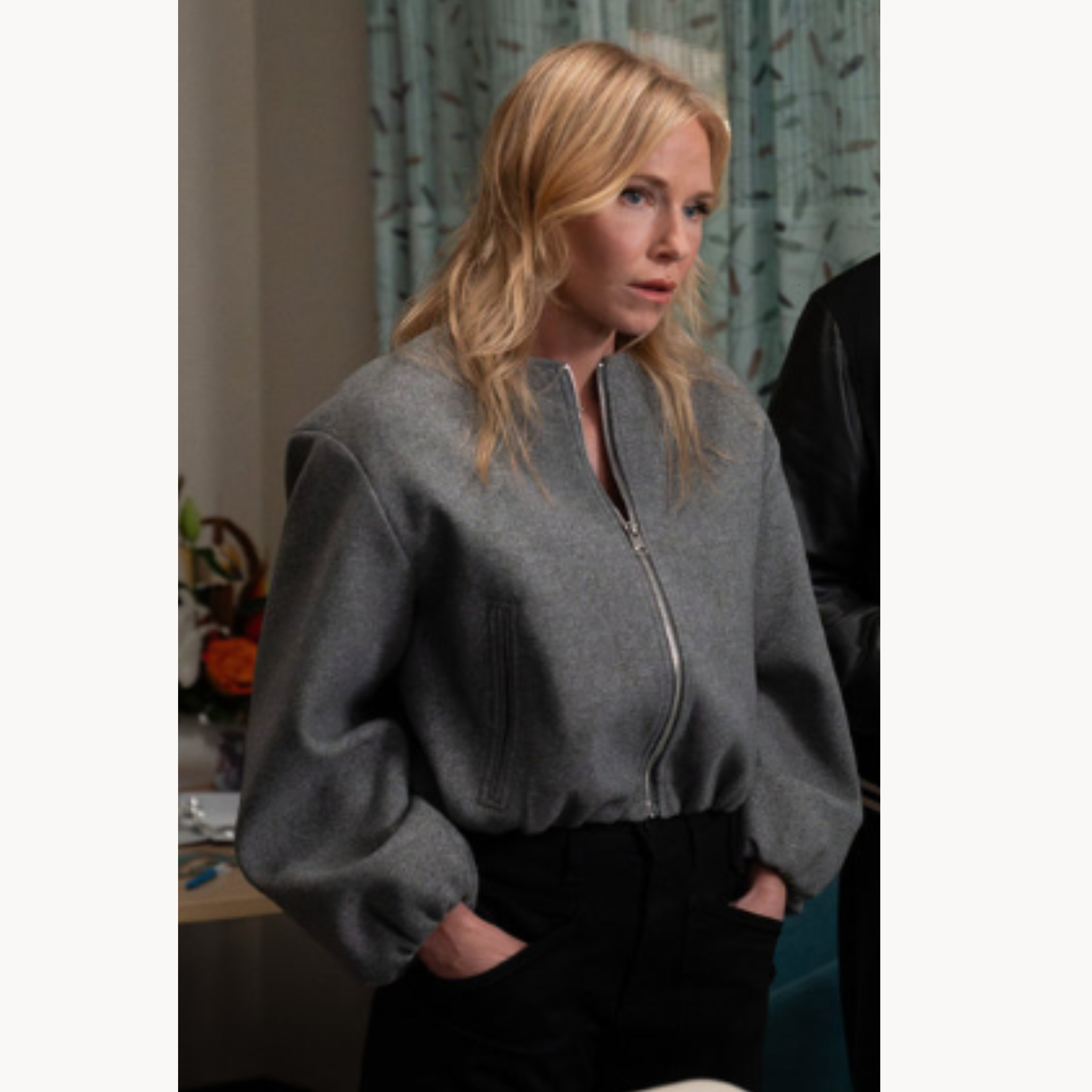 Heather gray cropped bomber jacket with balloon sleeves inspired by Amanda Rollins SVU
