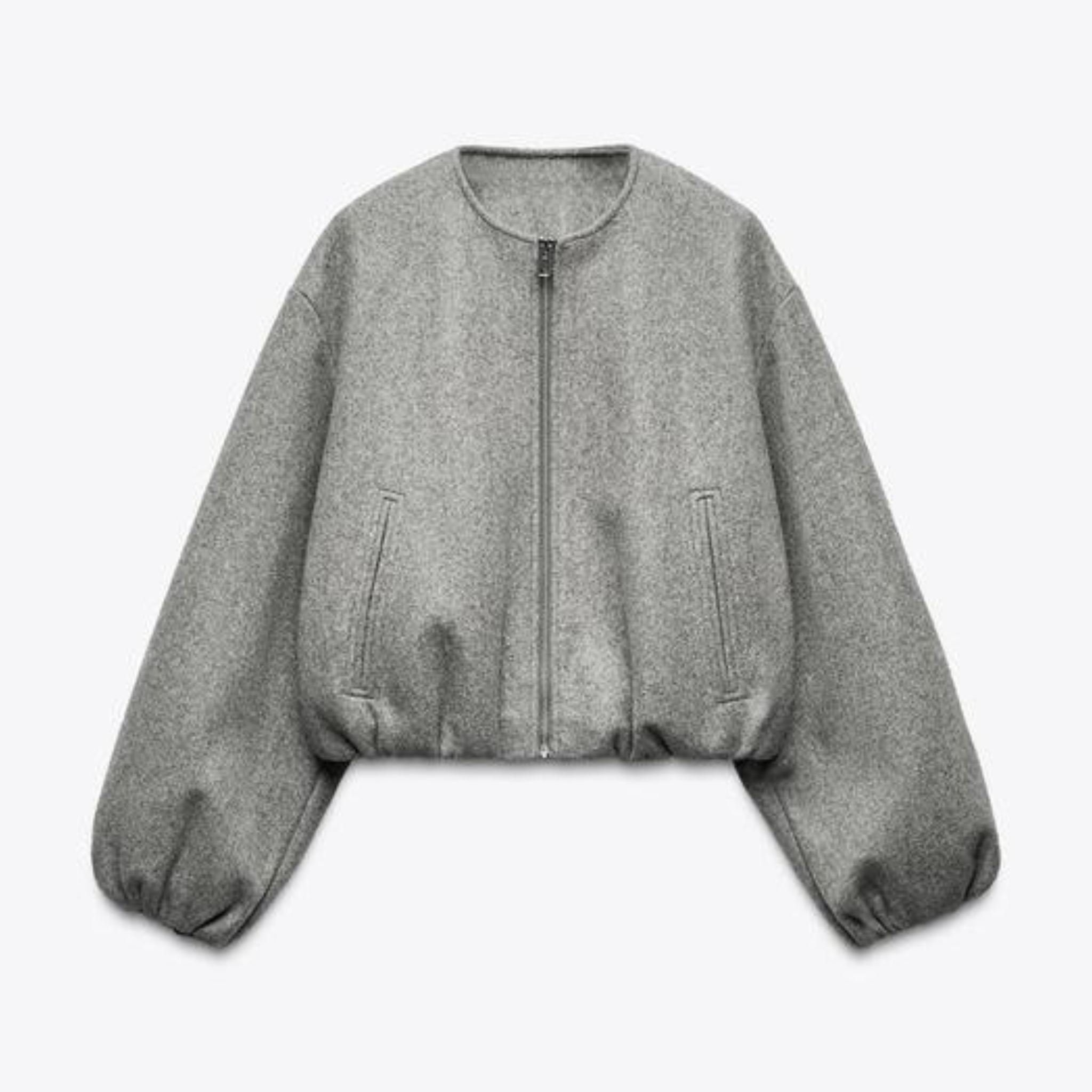 Celebrity-style oversized gray bomber jacket worn by Amanda Rollins