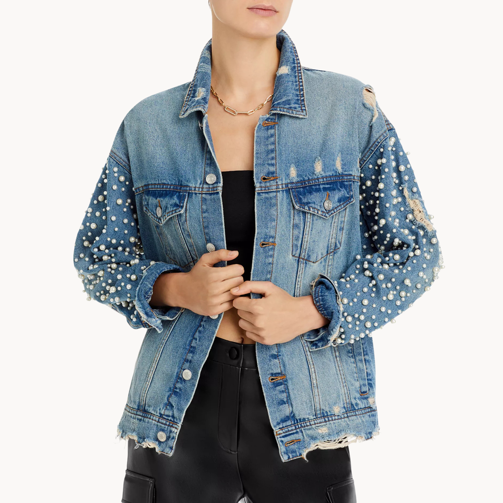 Stylish distressed denim jacket inspired by Destiny from Loot Season 3