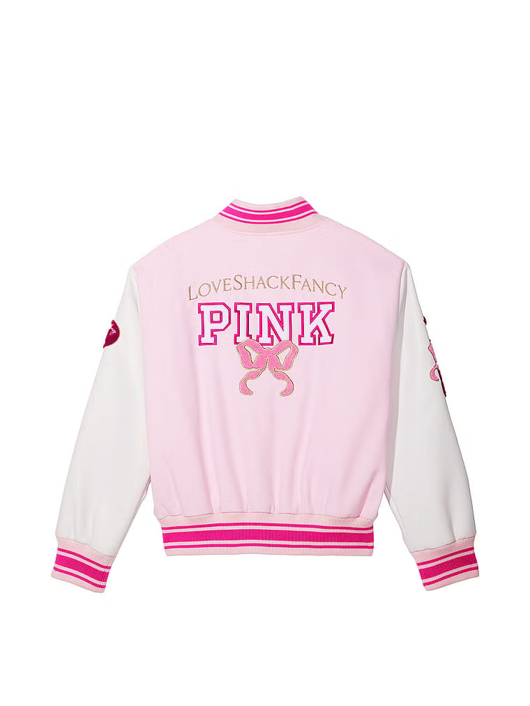 PINK x LoveShackFancy Reissued Boyfriend Varsity Jacket OuterMode