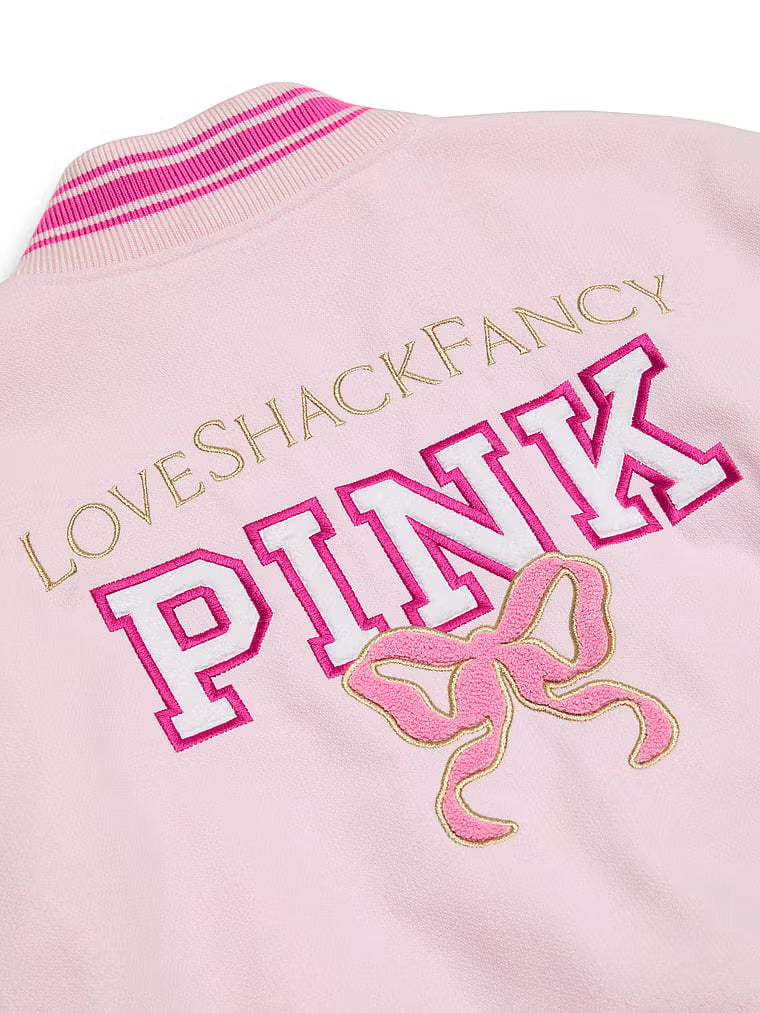 PINK x LoveShackFancy Reissued Boyfriend Varsity Jacket OuterMode