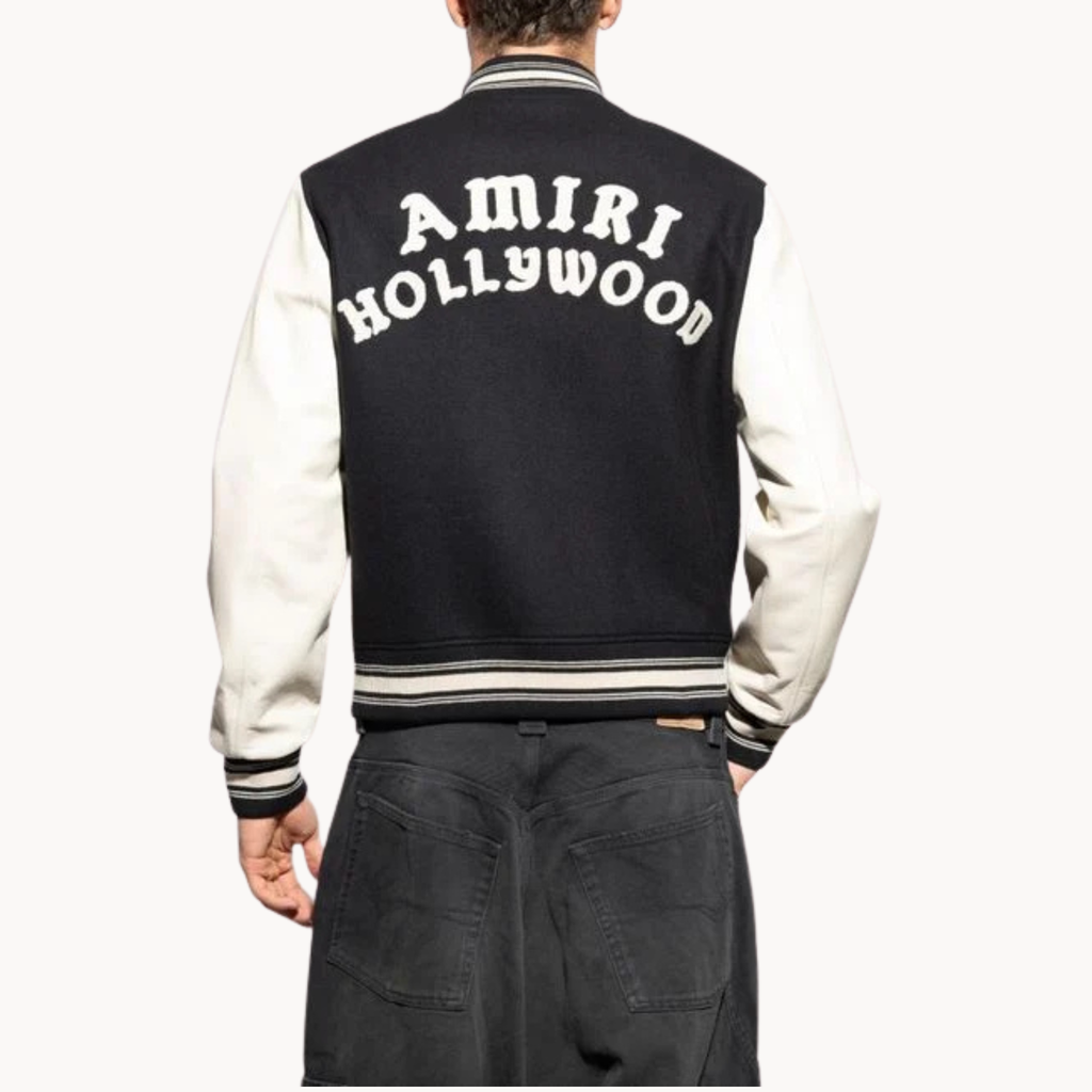 Stylish AMIRI Hollywood black and cream varsity jacket with ribbed knit trim