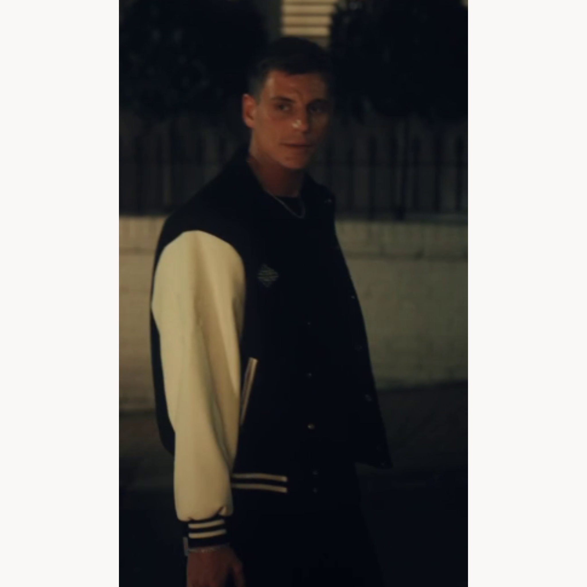 Black and cream AMIRI Hollywood varsity letterman jacket with ribbed knit trim from Made in Chelsea Season 30