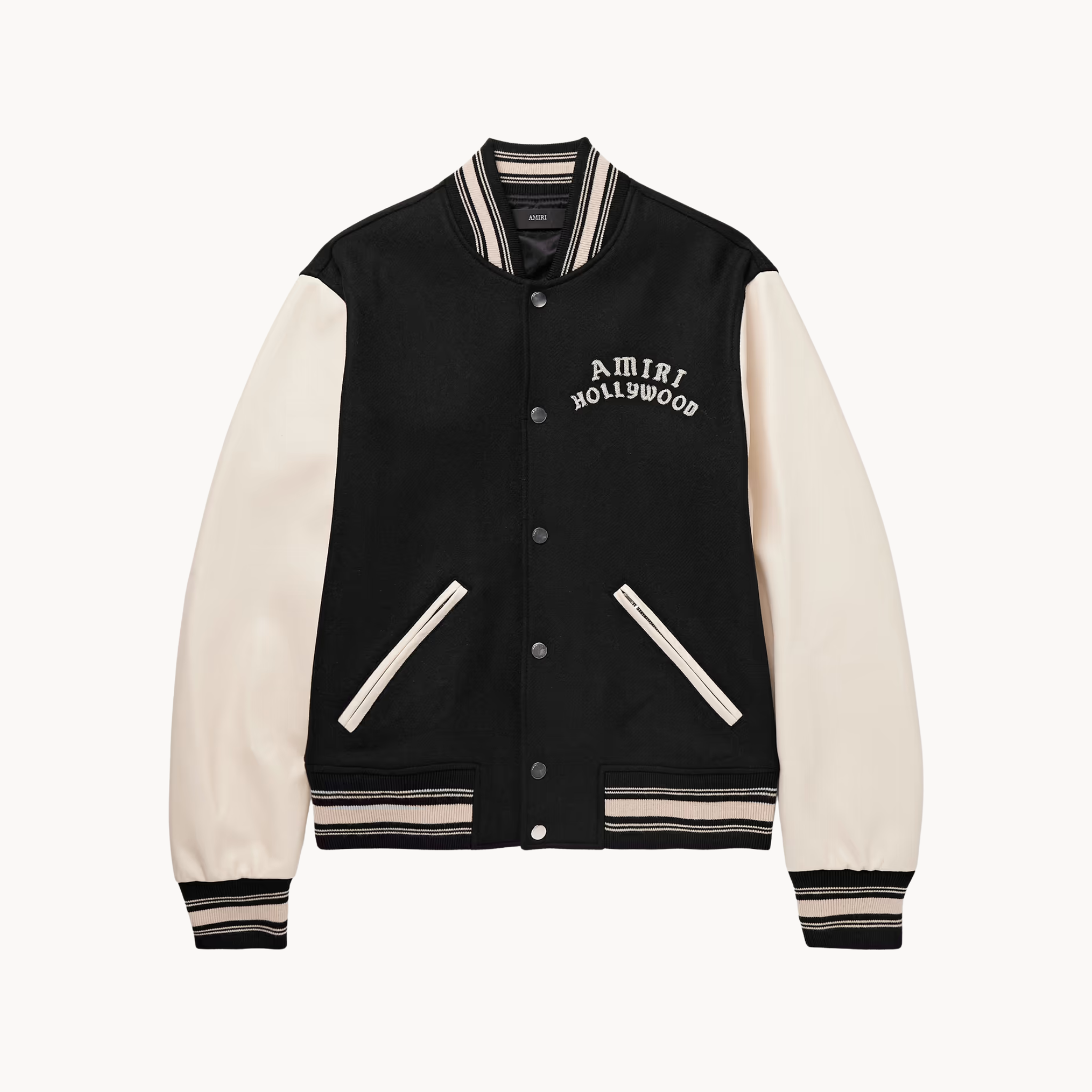 Celebrity-inspired black & cream varsity letterman jacket with ribbed trim from Made in Chelsea